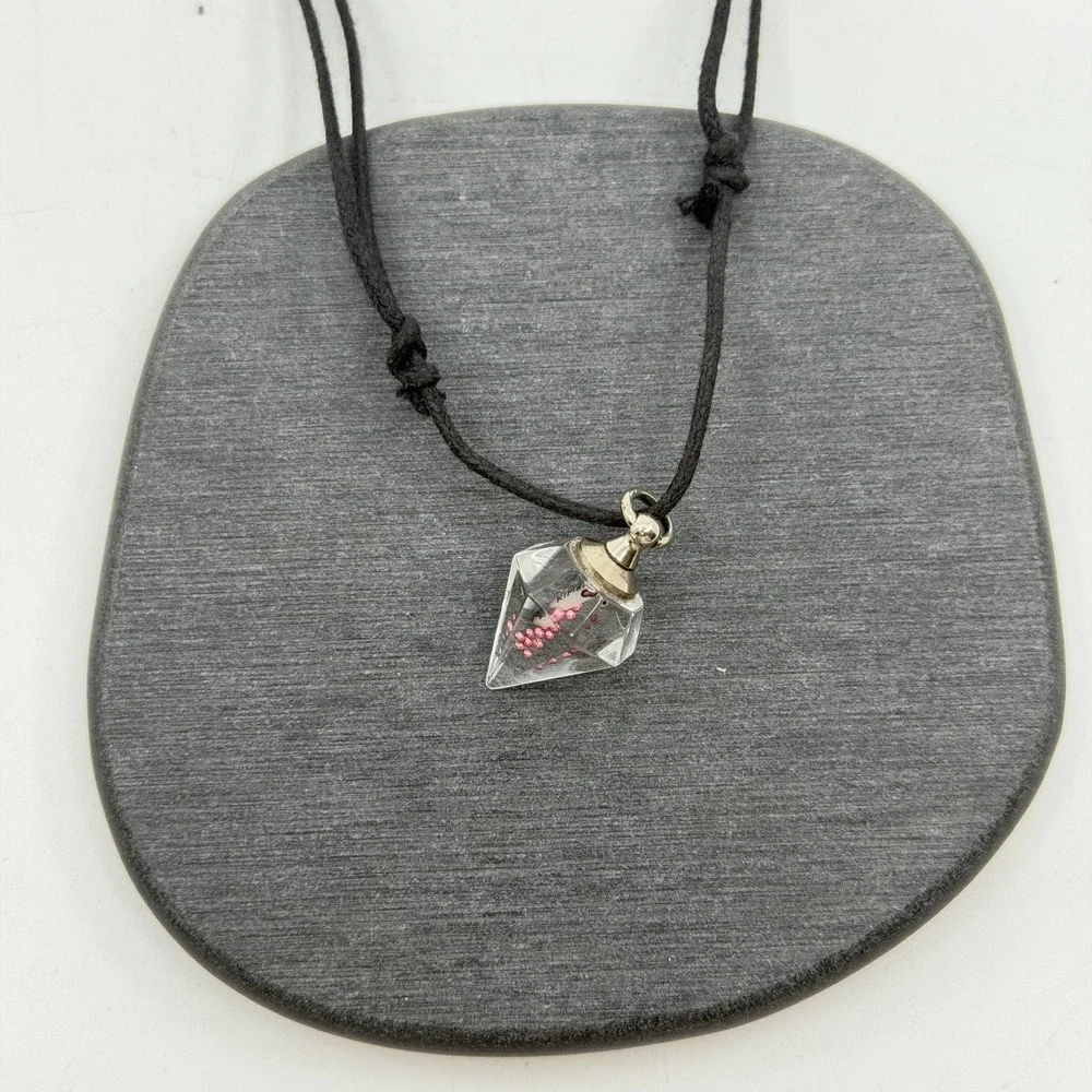 Clear Faceted Bottle Pendant Necklace Pink Beads Black Cord Y2K Statement Gift